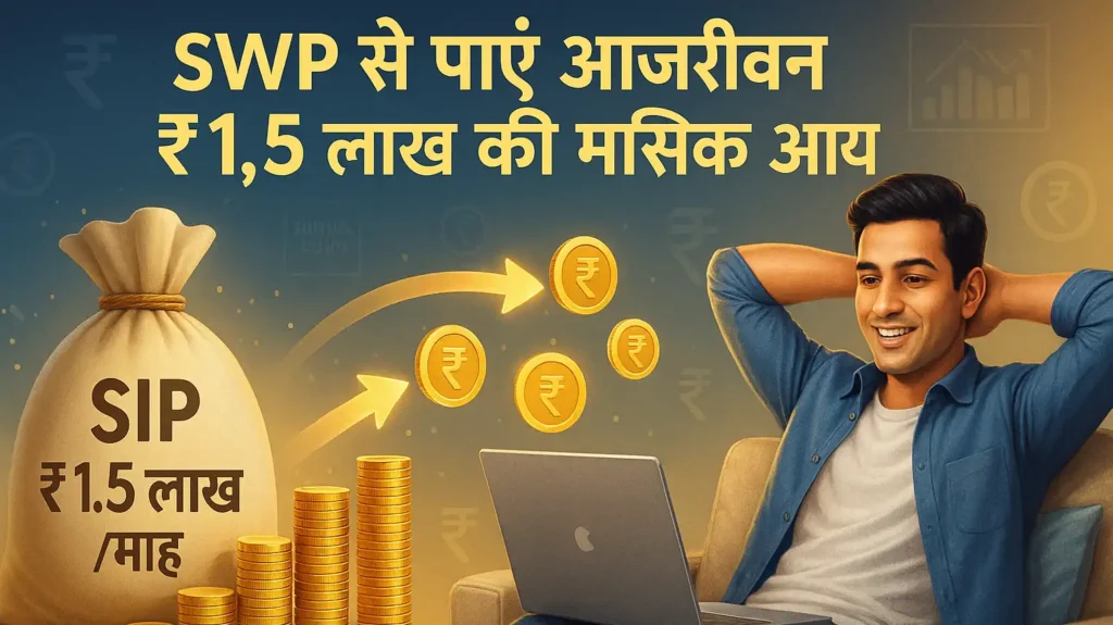 एक युवा भारतीय निवेशक लैपटॉप पर बैठा हुआ, SWP योजना से हर महीने ₹1.5 लाख की आजीवन आय प्राप्त करते हुए — वित्तीय स्वतंत्रता का दृश्य।