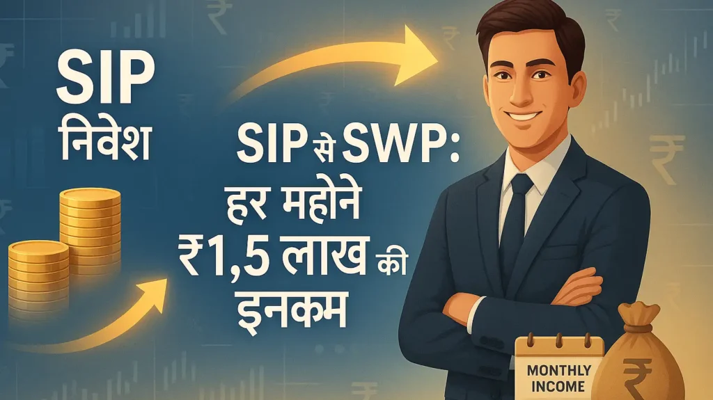 एक भारतीय निवेशक SIP निवेश से SWP निकासी की ओर धन ट्रांसफर करते हुए — SIP से SWP योजना द्वारा ₹1.5 लाख मासिक आय प्राप्त करने का चार्ट