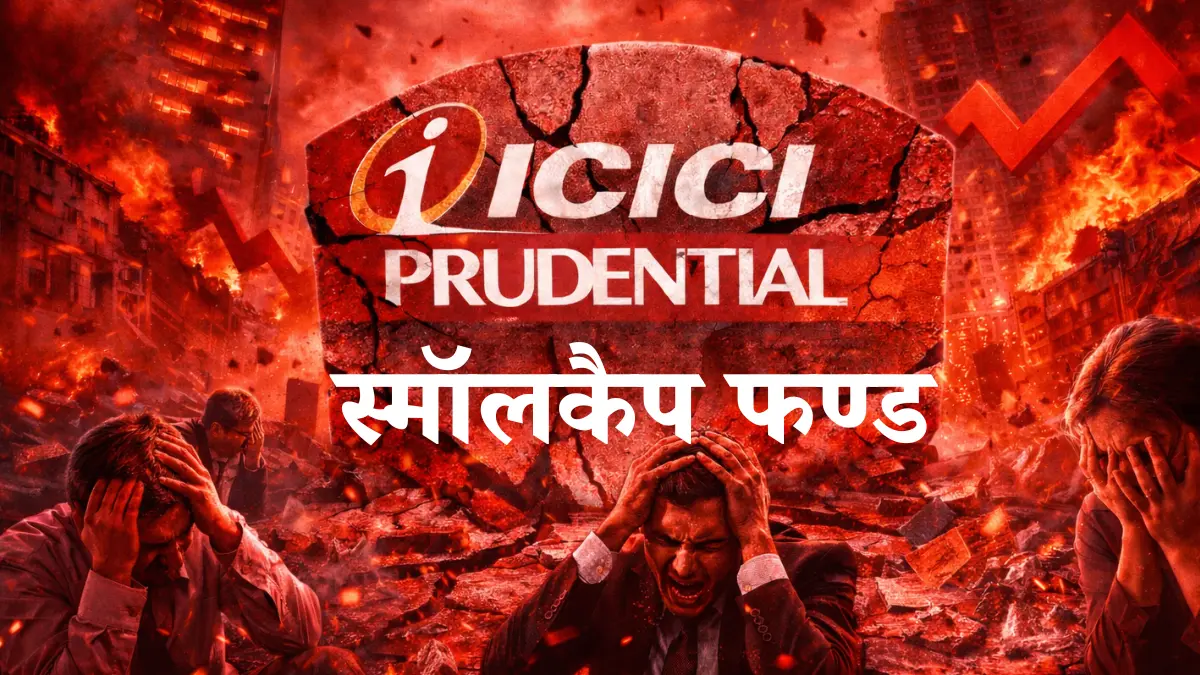 The image depicts investor panic during a stock market crash, illustrating the weak performance and risks associated with the ICICI Prudential Small Cap Fund.