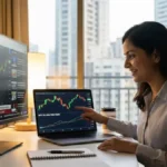 Stock Market Basics को समझाता हुआ फीचर इमेज जिसमें एक शुरुआती निवेशक शेयर बाजार और लंबी अवधि निवेश की जानकारी ले रहा है