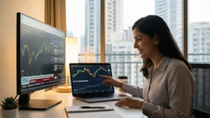 Stock Market Basics को समझाता हुआ फीचर इमेज जिसमें एक शुरुआती निवेशक शेयर बाजार और लंबी अवधि निवेश की जानकारी ले रहा है